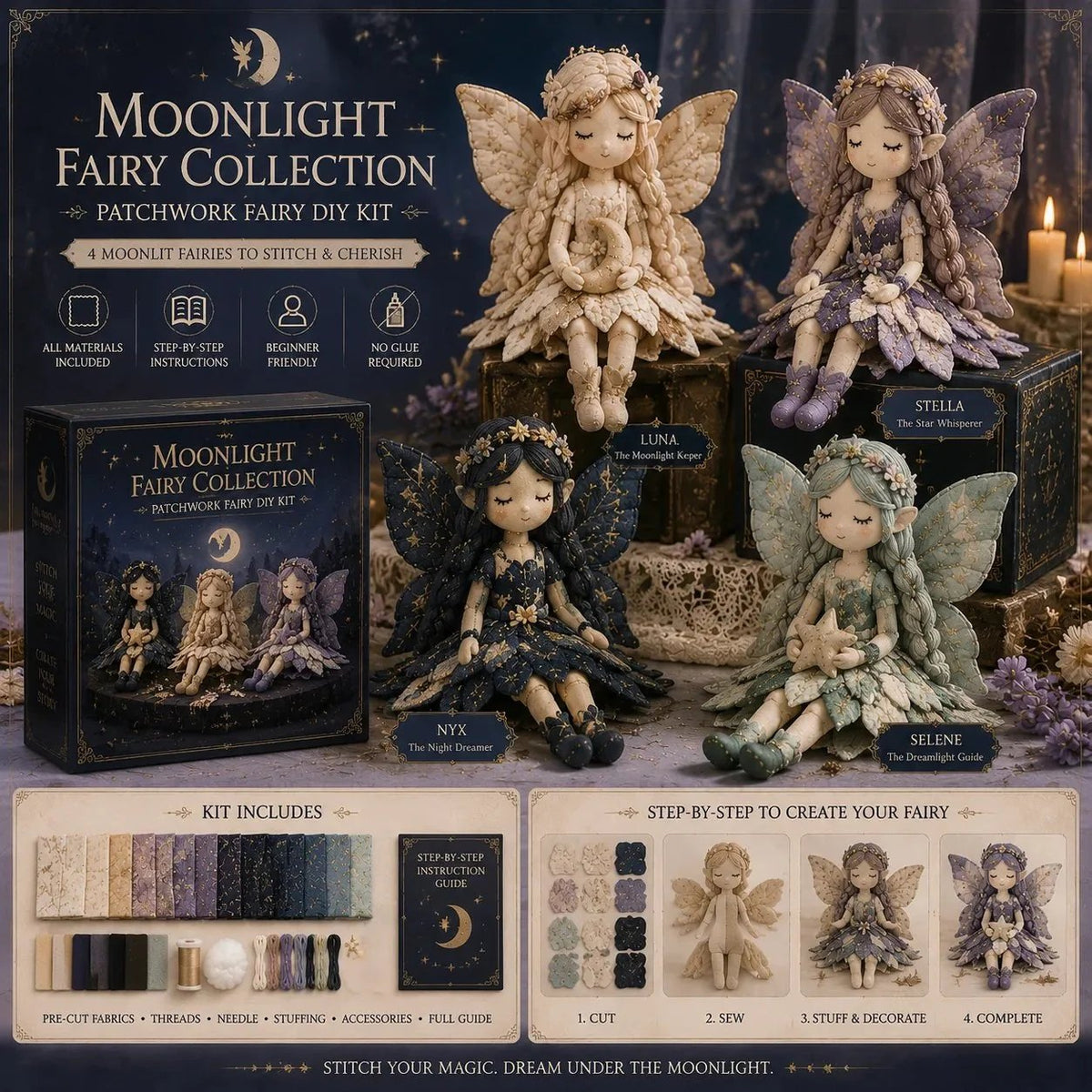 🧚♀️ 50% DE RÉDUCTION – Kit DIY de patchwork féerique – 4 fées uniques – adapté aux débutants – cadeau parfait – Achetez 2, livraison gratuite