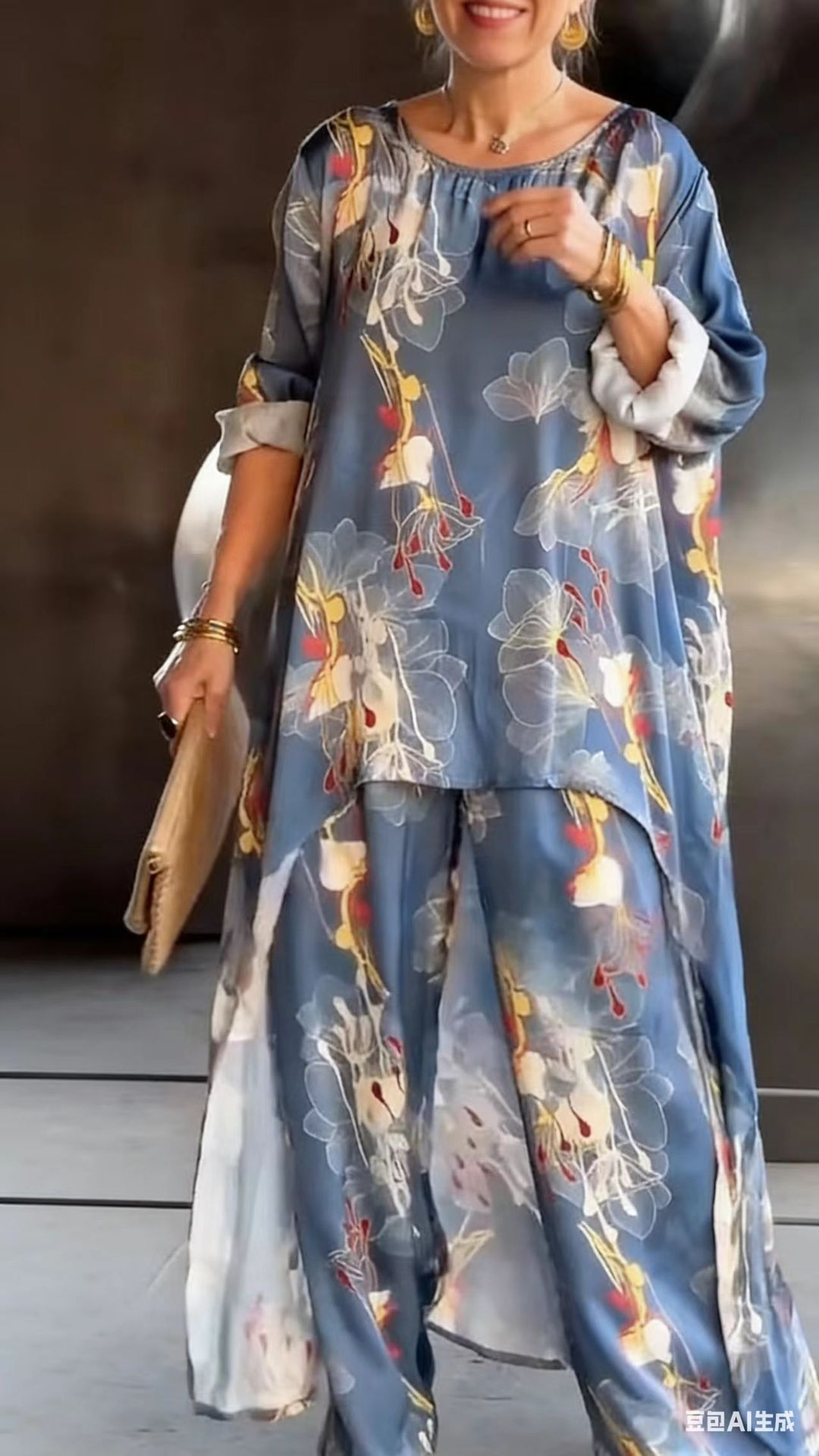 💎 50% DE RÉDUCTION ! 💎 Ensemble Tunique Asymétrique & Pantalon Floral pour Femme – Coupe Fluide, Imprimé Artistique & Parfait pour l’Été