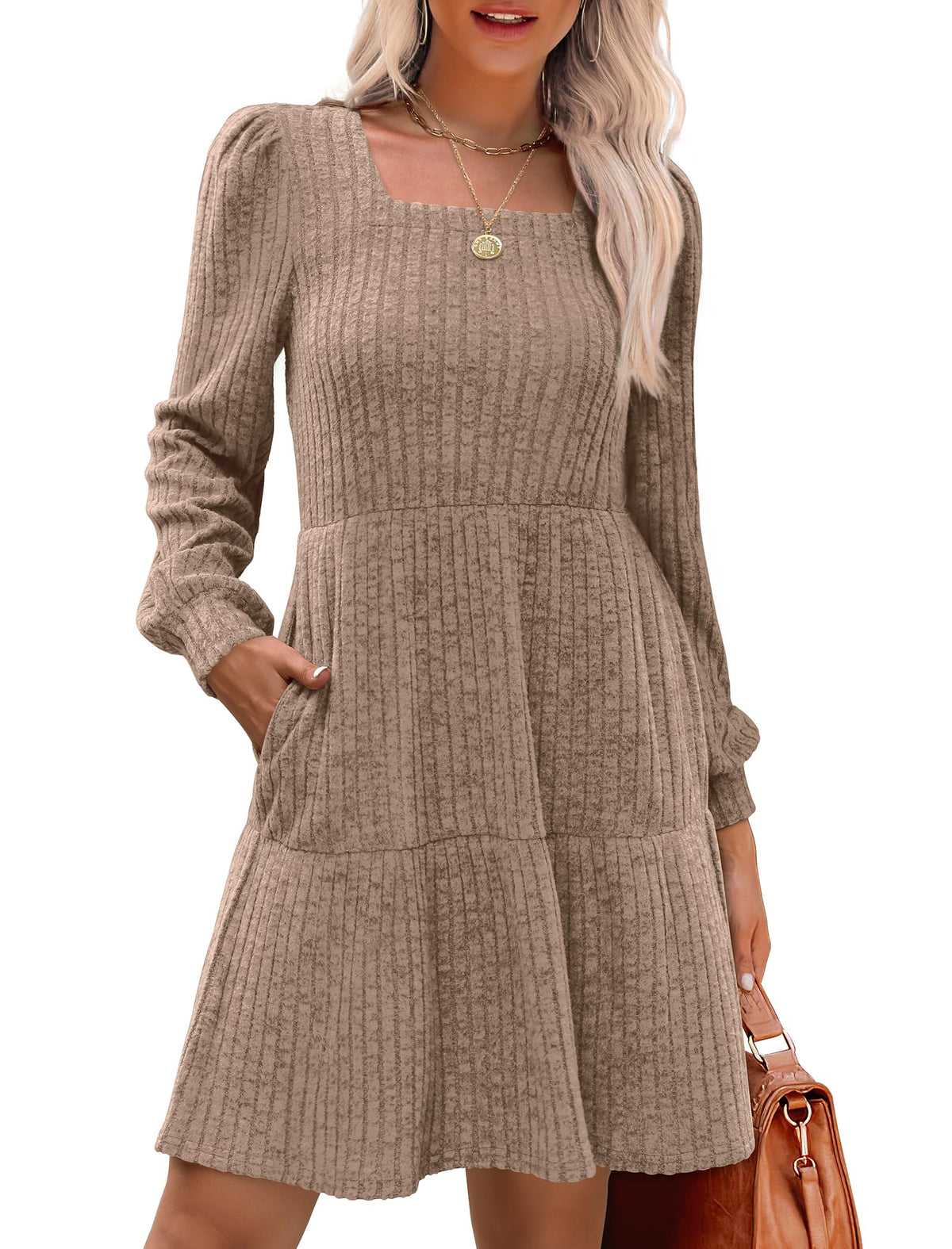 đAutomne 2025 Nouveau style 49 % de rĂ©ductionâ°Robe cĂŽtelĂ©e Ă encolure carrĂ©e et manches lanternes pour femme