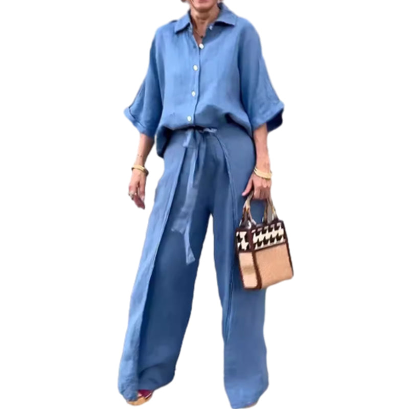 💞Ensemble 2 pièces avec haut à revers et pantalon à cordon de couleur unie💃