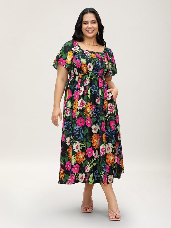 ⏰Soldes d'été : 67 % de réduction💃Robe midi à fleurs, col carré et smocks, avec poches