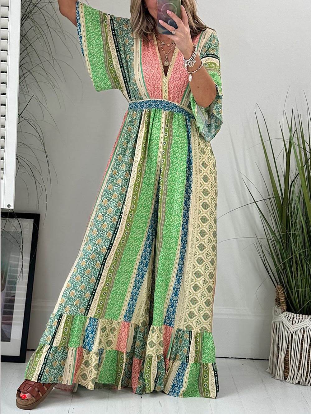 💃Combinaison fleurie rétro💫Manches larges, poches, pantalon large