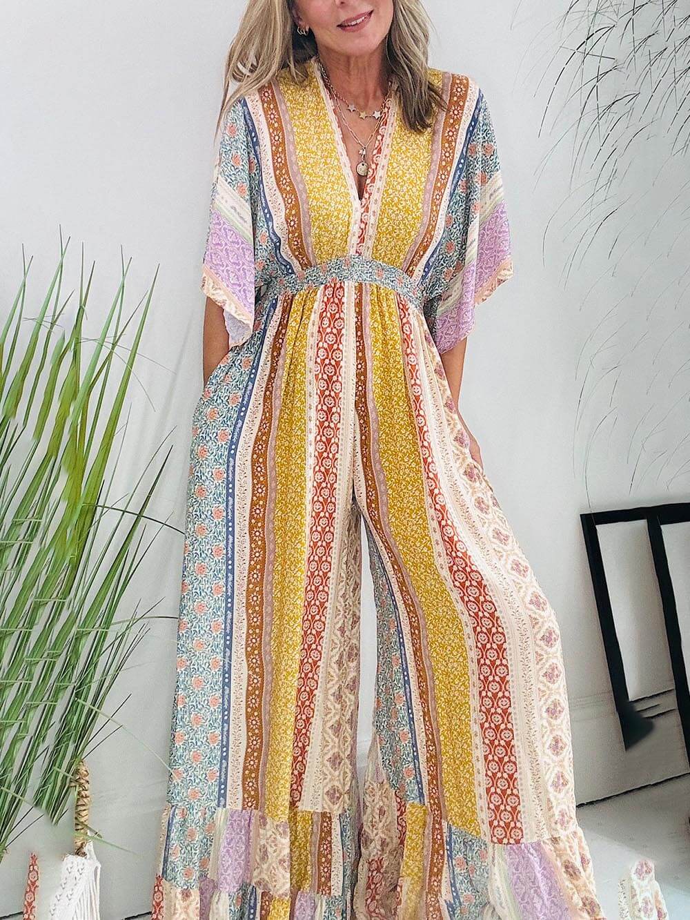 💃Combinaison fleurie rétro💫Manches larges, poches, pantalon large