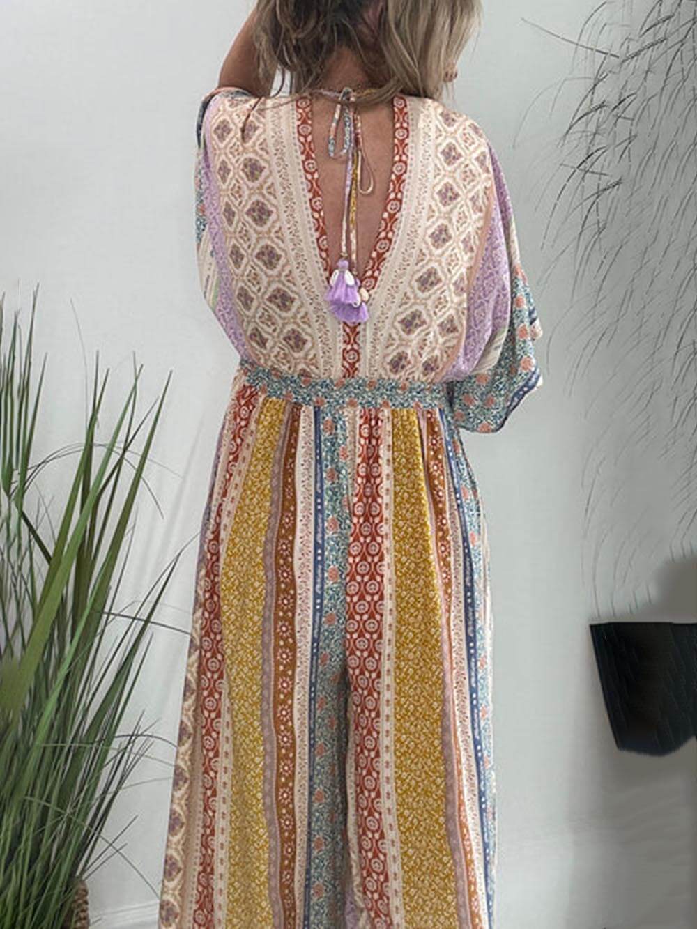 💃Combinaison fleurie rétro💫Manches larges, poches, pantalon large