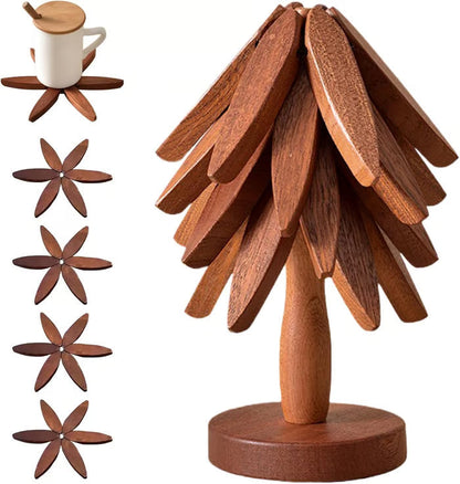 🎅 Soldes de Noël - 50 % DE RÉDUCTION 🎄✨ Ensemble de dessous-de-plat naturels - 4 dessous-de-plat en bois et 1 support en forme d'arbre de Noël