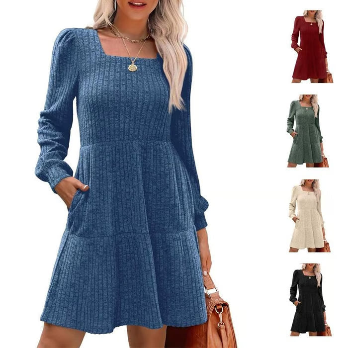 🍂Automne 2025 Nouveau style 49 % de réduction⏰Robe côtelée à encolure carrée et manches lanternes pour femme