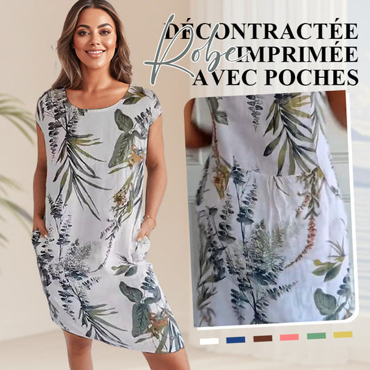 📢📢50 % de réduction !! ⏰⏰🍀 Robe à Col Rond à Imprimé Botanique – Vente de Printemps – Tissu Léger, Motif Naturel & Coupe Décontractée 🌸