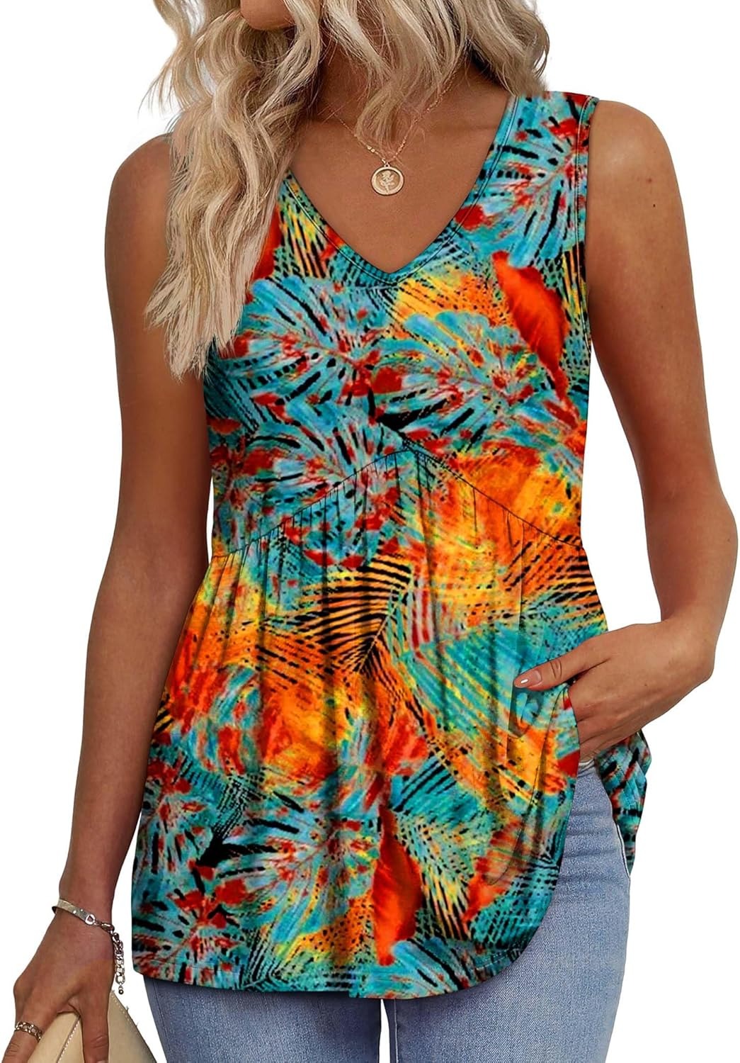 💜✨ DERNIER JOUR -50% ! Haut Femme sans Manches Col en V & Bas Bouffant – Imprimé, Tissu Polyester Léger, 6 Motifs, Taille S-2XL, Parfait pour Garden-Party & Quotidien 🌿