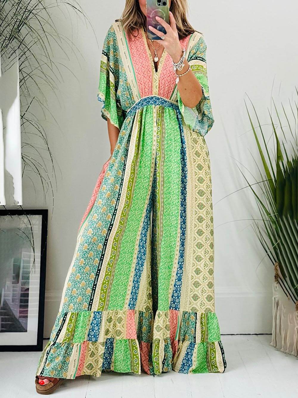 💃Combinaison fleurie rétro💫Manches larges, poches, pantalon large