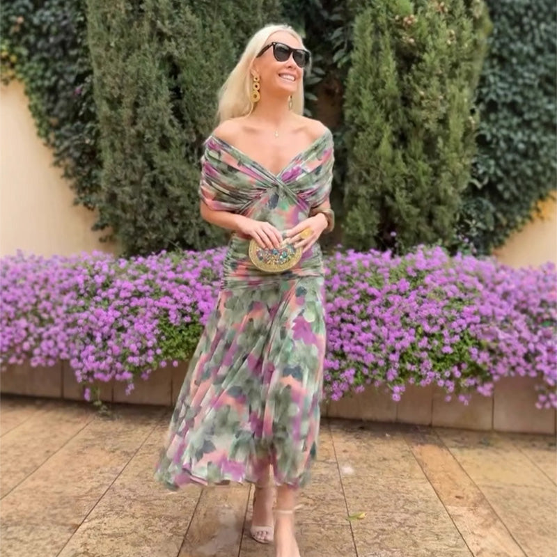 🎁  Vente chaude 55% de réduction 🔥 Robe imprimée à col V hors épaule pour femmes