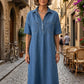 👗🔥 -50% ! Robe-Chemise Midi Jean Femme Poches – Tissu Structuré Non Collant Coupe Oversize Flatteuse Toutes Morphologies S-3XL, Col V Ajustable Manches Courtes Élégance Quotidienne, Légère Respirante ✨