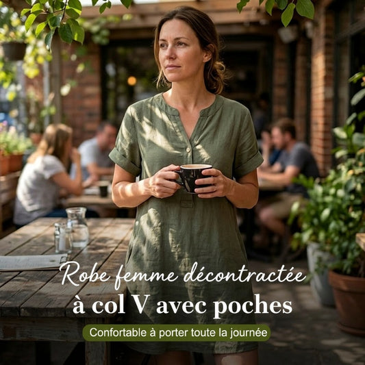 Robe Tunique Femme Décontractée à Col V avec Poches