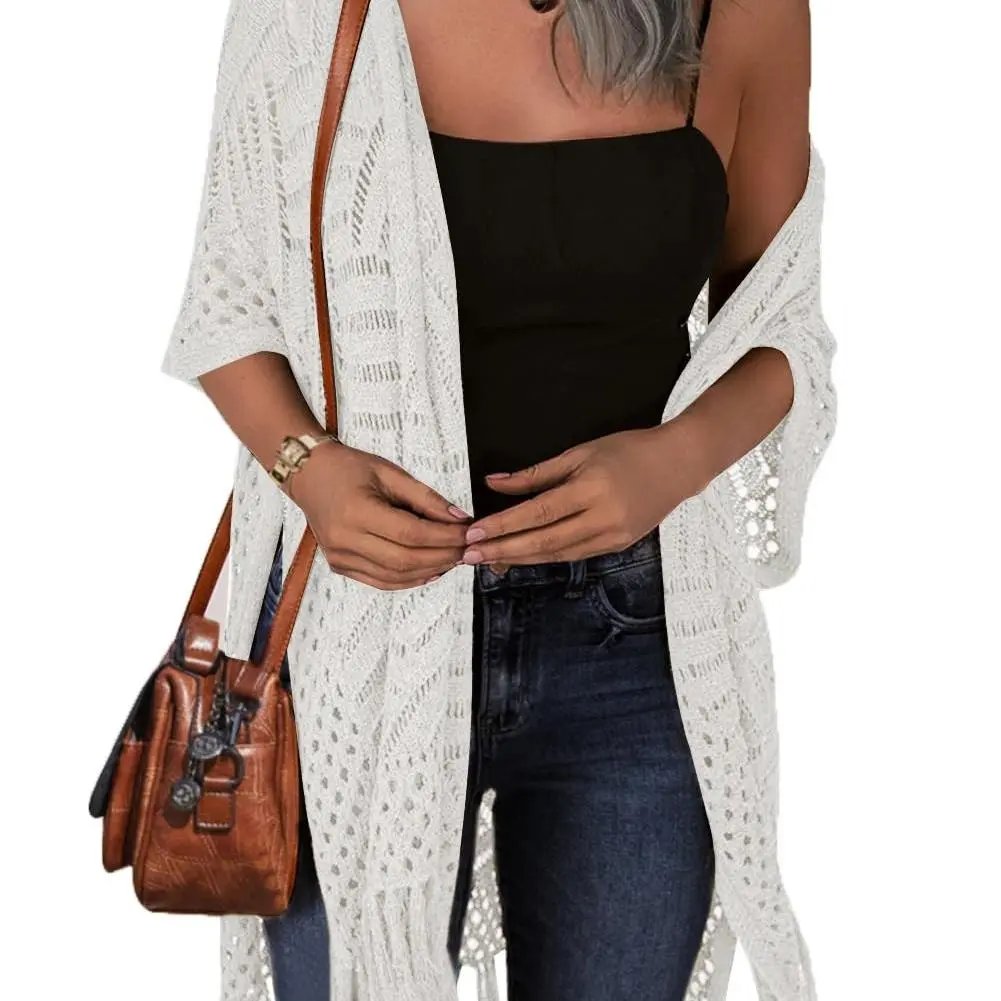 🌸🦋🌼 OFFRE LIMITÉE 50% DE RÉDUCTION! Poncho/Pareo Bohème en Maille Ajourée pour Femme – Ouverture Devant avec Pompons et Franges, Tissu Léger, Idéal pour les Jours Ensoleillés, les Vacances et le Quotidien Chic ✨🎶