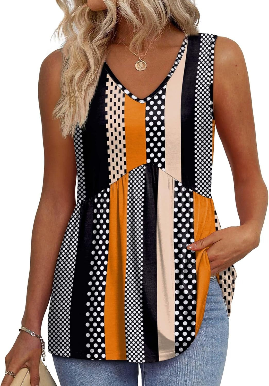 💜✨ DERNIER JOUR -50% ! Haut Femme sans Manches Col en V & Bas Bouffant – Imprimé, Tissu Polyester Léger, 6 Motifs, Taille S-2XL, Parfait pour Garden-Party & Quotidien 🌿