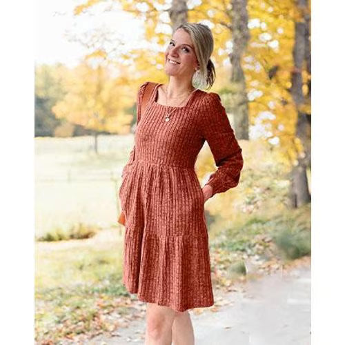 🍂Automne 2025 Nouveau style 49 % de réduction⏰Robe côtelée à encolure carrée et manches lanternes pour femme