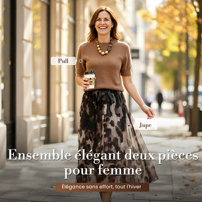 ❄️ Soldes d'hiver - 50 % de réduction 👗Ensemble deux pièces pour femme composé d'un pull et d'une jupe fluide à imprimé léopard