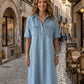 👗🔥 -50% ! Robe-Chemise Midi Jean Femme Poches – Tissu Structuré Non Collant Coupe Oversize Flatteuse Toutes Morphologies S-3XL, Col V Ajustable Manches Courtes Élégance Quotidienne, Légère Respirante ✨