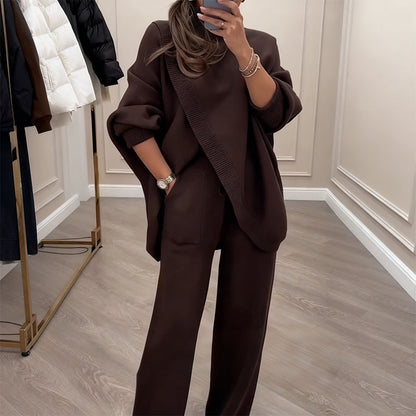 🎁 Soldes d'hiver 50 % de réduction 💝 Ensemble 2 pièces pour femme – Pull asymétrique + pantalon large