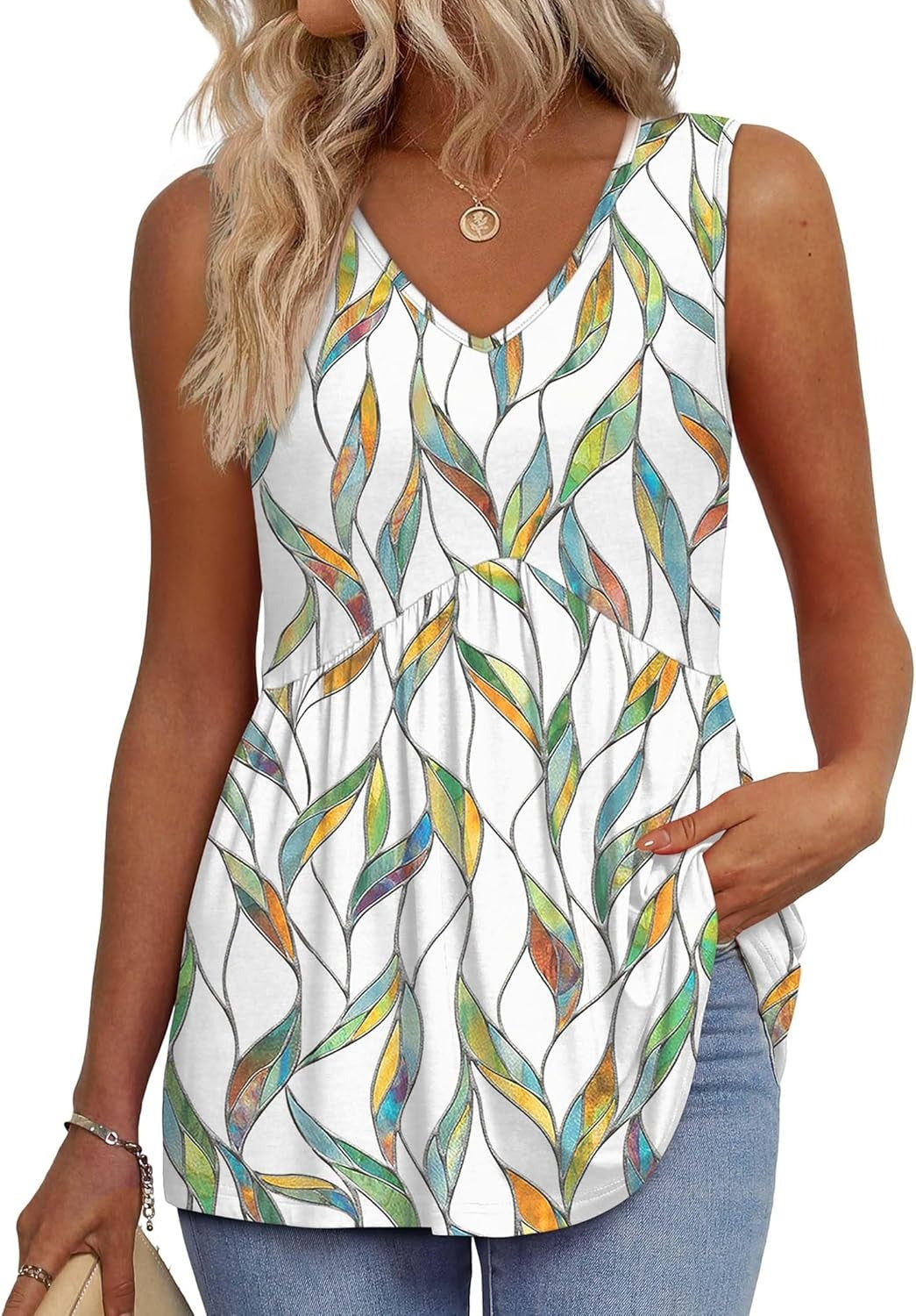 💜✨ DERNIER JOUR -50% ! Haut Femme sans Manches Col en V & Bas Bouffant – Imprimé, Tissu Polyester Léger, 6 Motifs, Taille S-2XL, Parfait pour Garden-Party & Quotidien 🌿