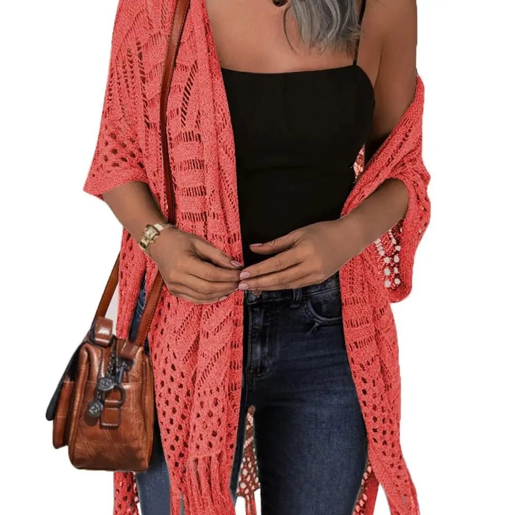 🌸🦋🌼 OFFRE LIMITÉE 50% DE RÉDUCTION! Poncho/Pareo Bohème en Maille Ajourée pour Femme – Ouverture Devant avec Pompons et Franges, Tissu Léger, Idéal pour les Jours Ensoleillés, les Vacances et le Quotidien Chic ✨🎶