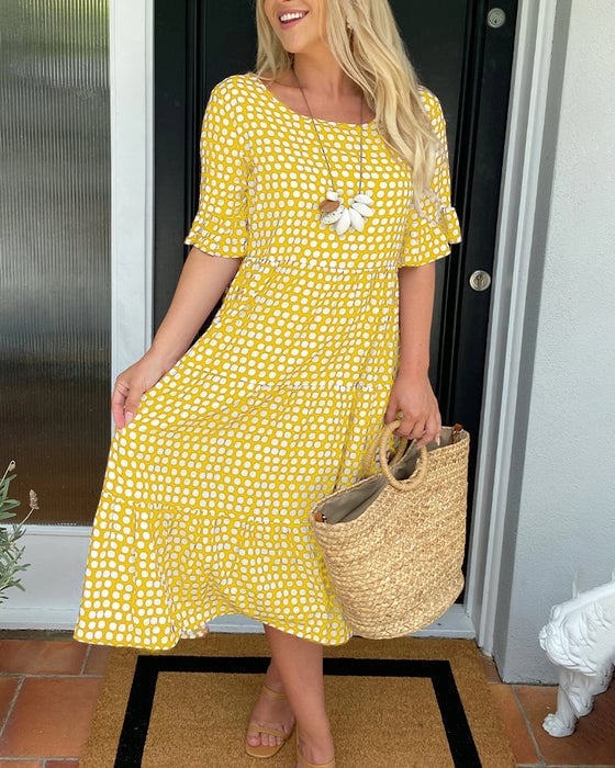 💝VENTE ESTIVALE CHAUDE 58% DE RÉDUCTI💝Robe Midi à Pois et Col Rond