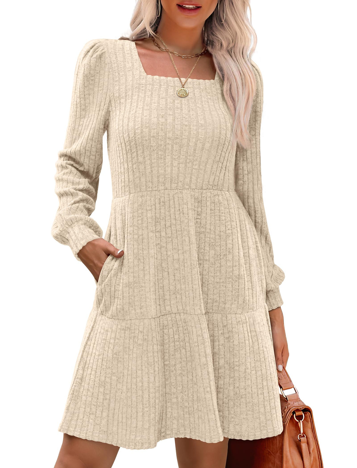 🍂Automne 2025 Nouveau style 49 % de réduction⏰Robe côtelée à encolure carrée et manches lanternes pour femme