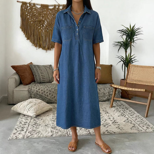 👗🔥 -50% ! Robe-Chemise Midi Jean Femme Poches – Tissu Structuré Non Collant Coupe Oversize Flatteuse Toutes Morphologies S-3XL, Col V Ajustable Manches Courtes Élégance Quotidienne, Légère Respirante ✨