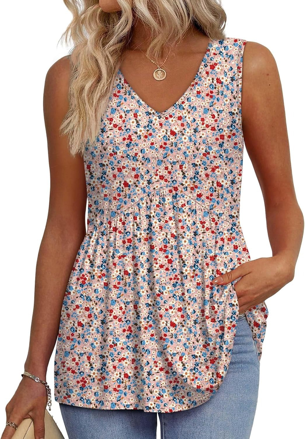 💜✨ DERNIER JOUR -50% ! Haut Femme sans Manches Col en V & Bas Bouffant – Imprimé, Tissu Polyester Léger, 6 Motifs, Taille S-2XL, Parfait pour Garden-Party & Quotidien 🌿