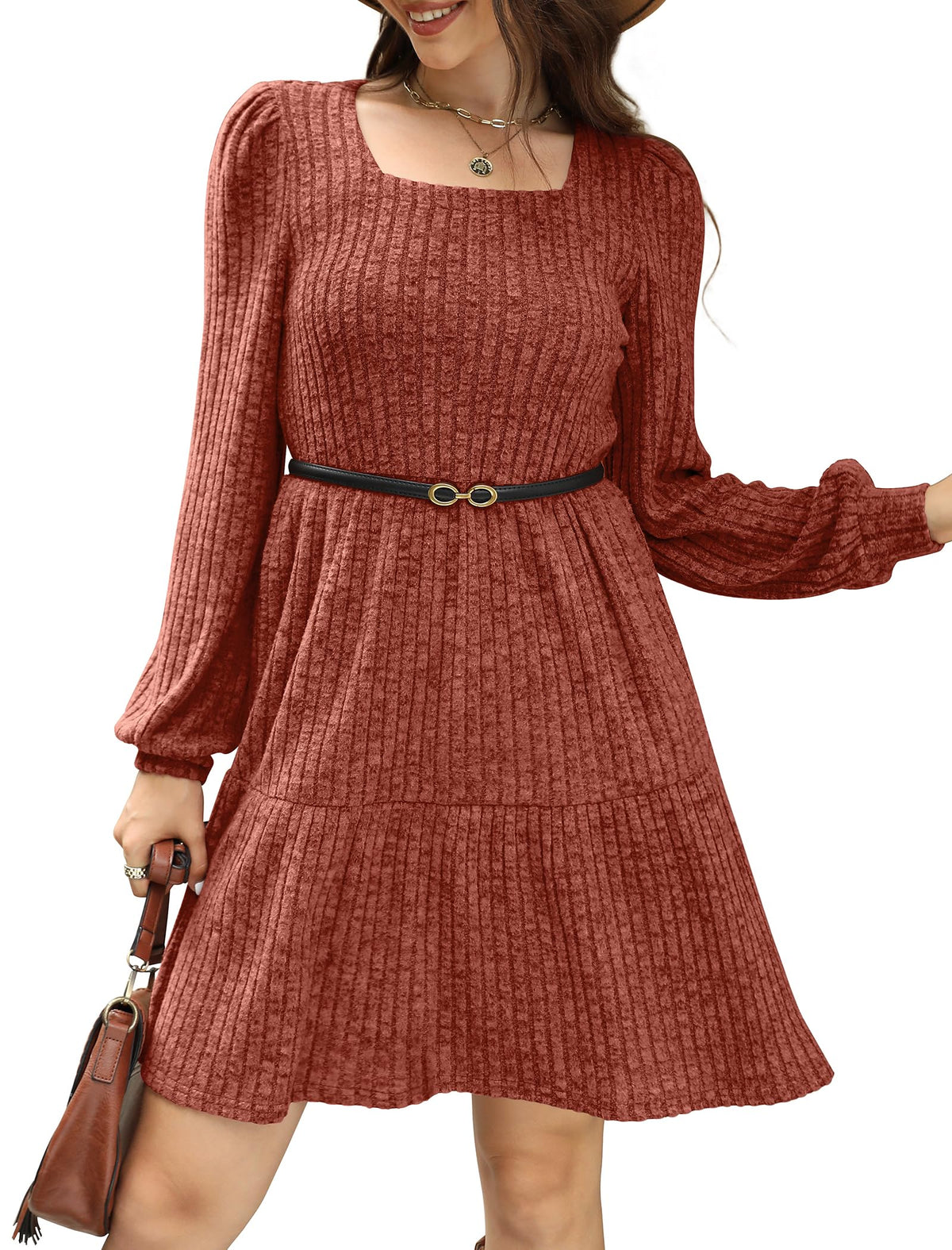 🍂Automne 2025 Nouveau style 49 % de réduction⏰Robe côtelée à encolure carrée et manches lanternes pour femme