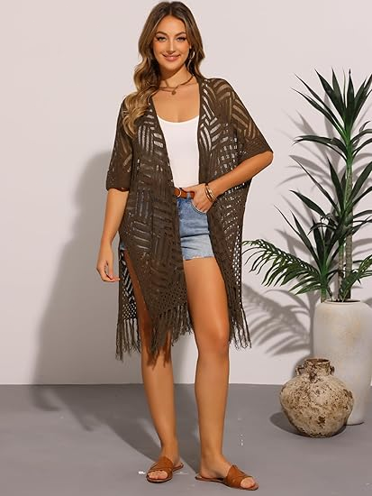 🌸🦋🌼 OFFRE LIMITÉE 50% DE RÉDUCTION! Poncho/Pareo Bohème en Maille Ajourée pour Femme – Ouverture Devant avec Pompons et Franges, Tissu Léger, Idéal pour les Jours Ensoleillés, les Vacances et le Quotidien Chic ✨🎶