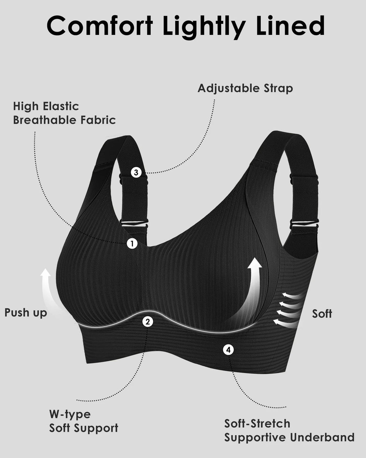 🎁Achetez 1 et obtenez 3 paquets💕Soutien-gorge push-up côtelé pour femmes, réglable et sans fil