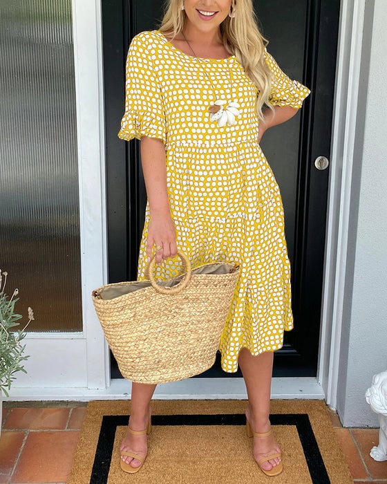 💝VENTE ESTIVALE CHAUDE 58% DE RÉDUCTI💝Robe Midi à Pois et Col Rond