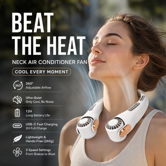 🍃 Ventilateur de cou – Ultra-silencieux, rotation à 360°, 3 vitesses. Rafraîchissement mains libres, longue autonomie. Indispensable en été !