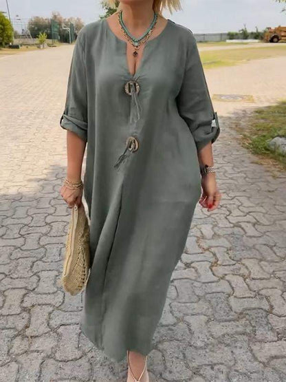 👗49% de réduction✨ Robe décontractée à col en V en coton et lin
