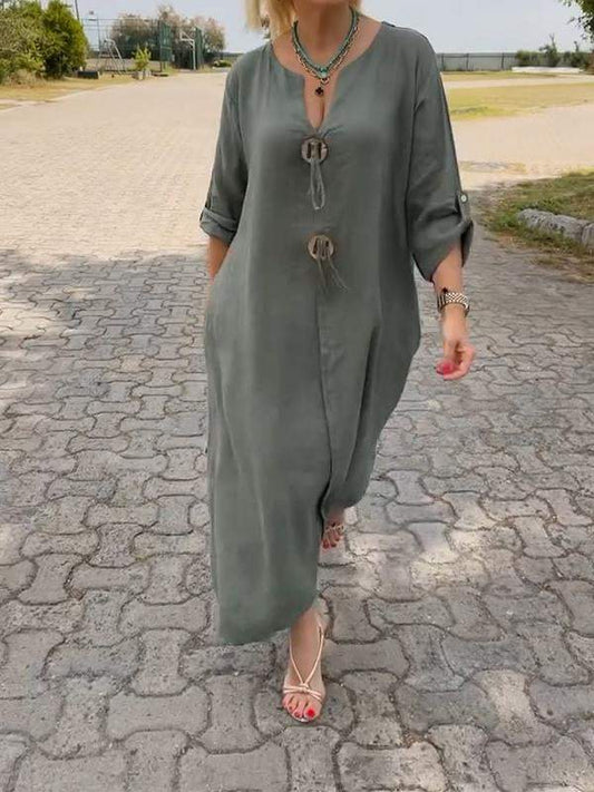 👗49% de réduction✨ Robe décontractée à col en V en coton et lin
