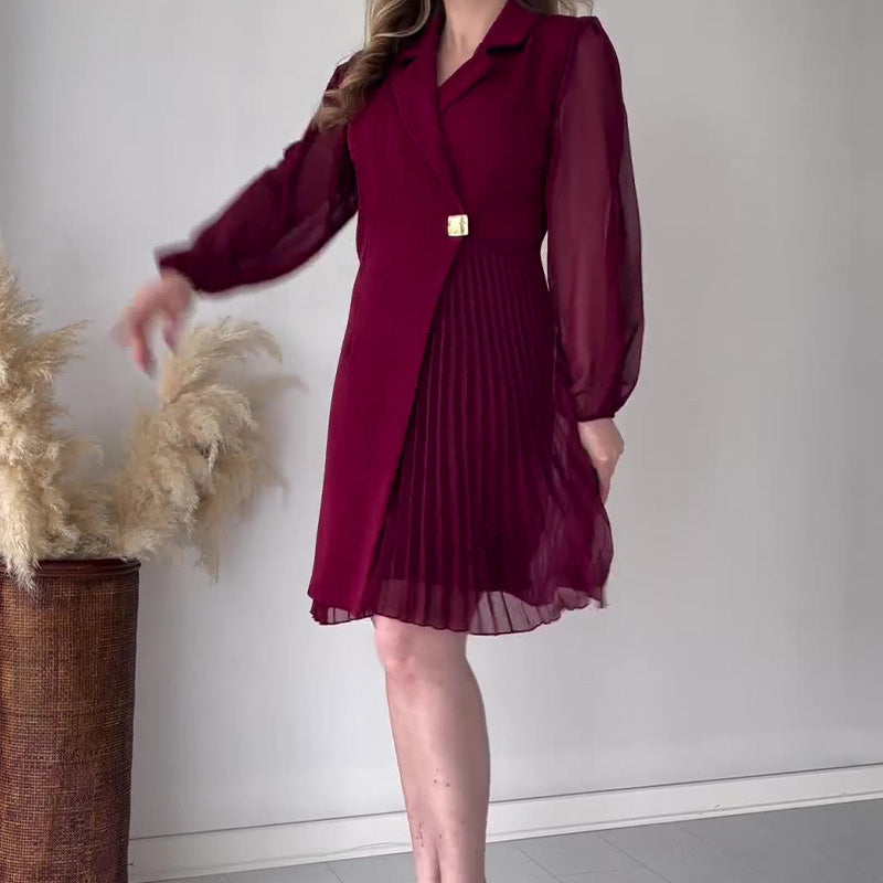 Robe Plissée Définie à La Taille avec Col à Revers Pour Femmes