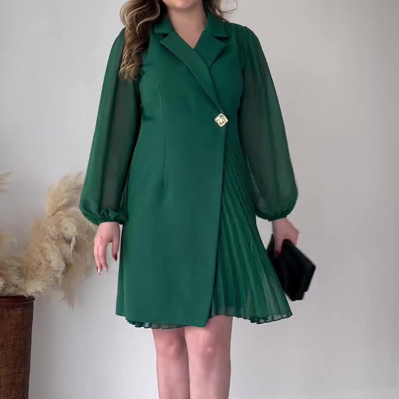 Robe Plissée Définie à La Taille avec Col à Revers Pour Femmes