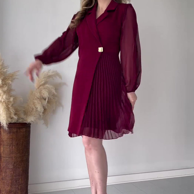 Robe Plissée Définie à La Taille avec Col à Revers Pour Femmes