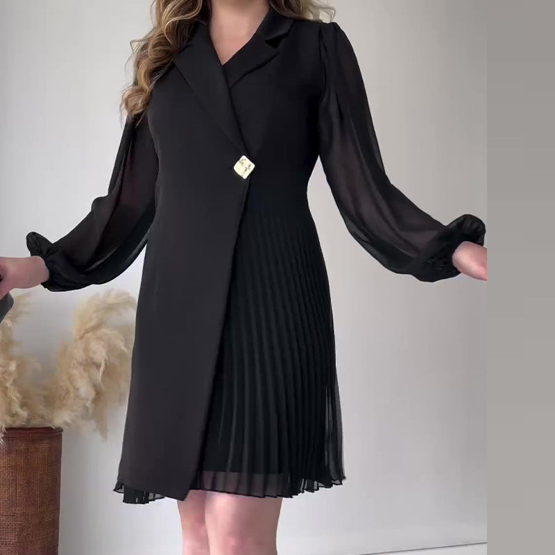 Robe Plissée Définie à La Taille avec Col à Revers Pour Femmes