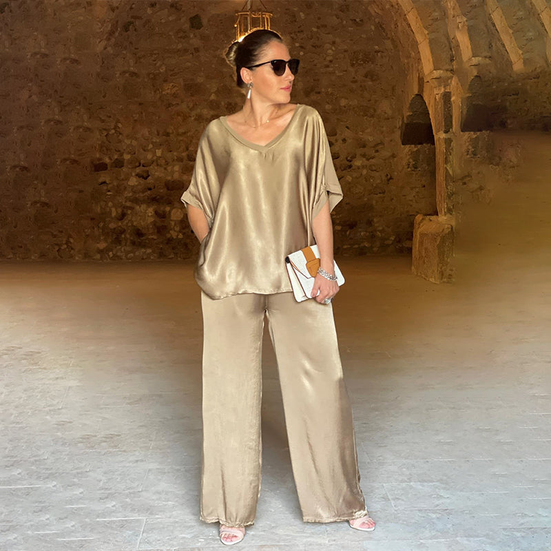 💃 Ensemble deux pièces haut décontracté brillant à col en V + pantalon large, ample, large et à la mode.