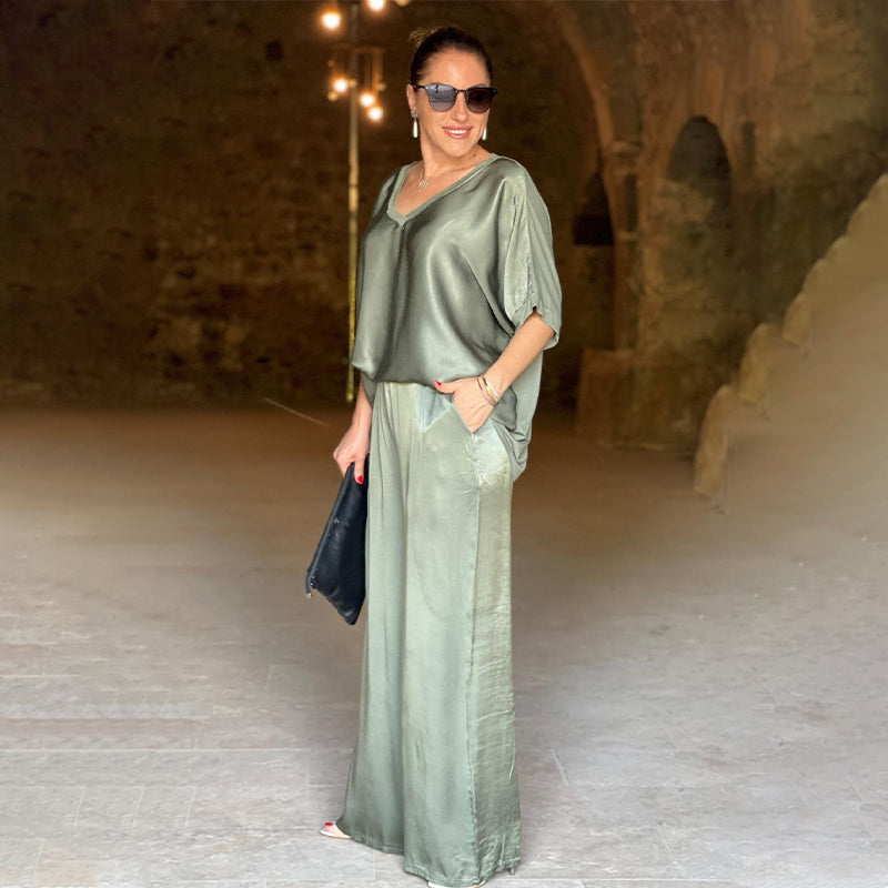 💃 Ensemble deux pièces haut décontracté brillant à col en V + pantalon large, ample, large et à la mode.