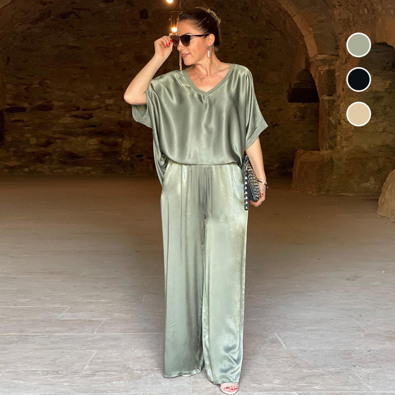 💃 Ensemble deux pièces haut décontracté brillant à col en V + pantalon large, ample, large et à la mode.