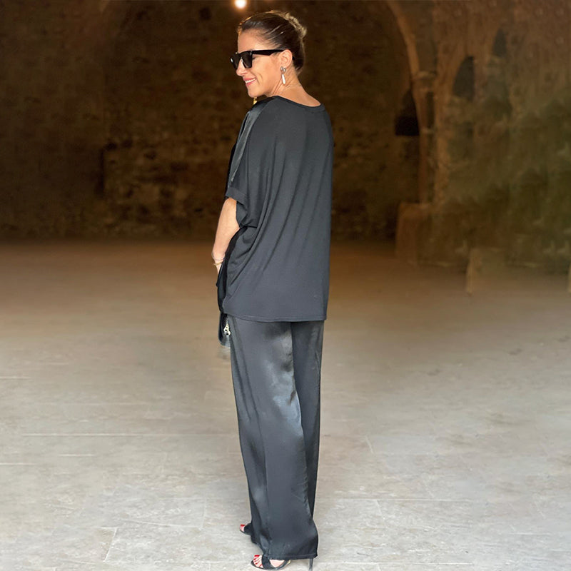 💃 Ensemble deux pièces haut décontracté brillant à col en V + pantalon large, ample, large et à la mode.