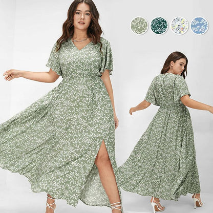 Livraison gratuite🌸Robe longue fendue à motif floral bohémien avec taille élastique pour femmes