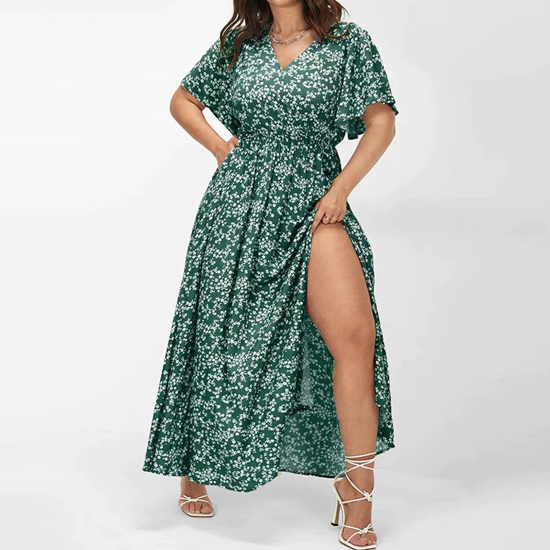 Livraison gratuite🌸Robe longue fendue à motif floral bohémien avec taille élastique pour femmes
