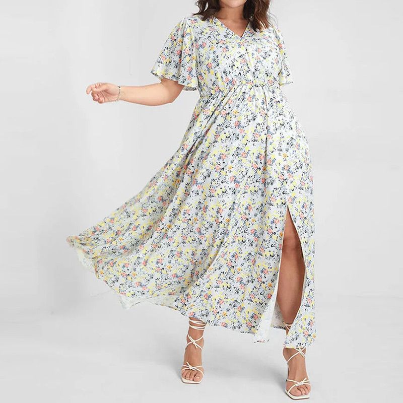 Livraison gratuite🌸Robe longue fendue à motif floral bohémien avec taille élastique pour femmes