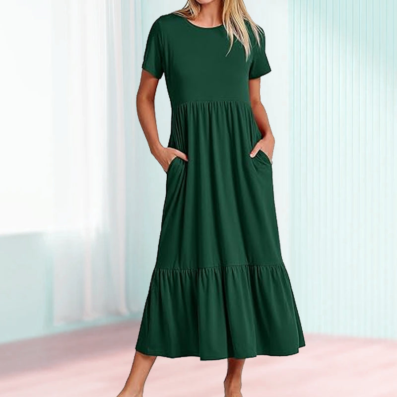 Robe à col rond plissée de couleur unie pour femmes