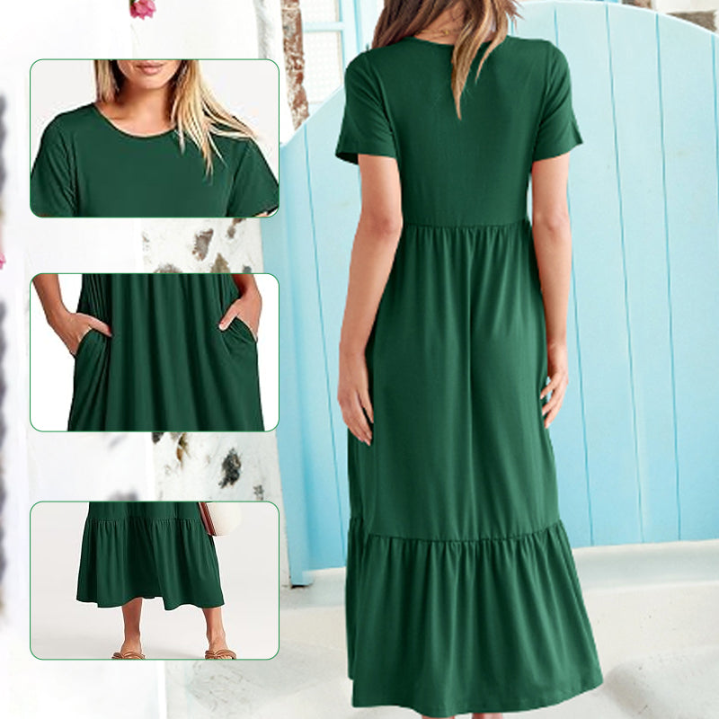 Robe à col rond plissée de couleur unie pour femmes