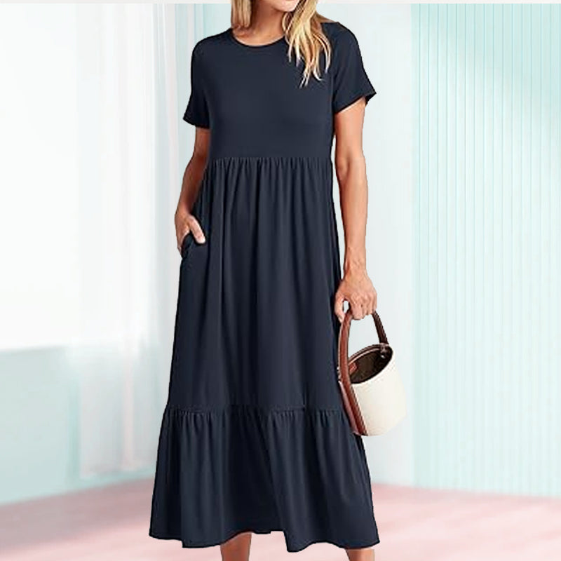Robe à col rond plissée de couleur unie pour femmes