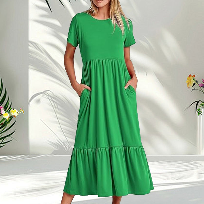 Robe à col rond plissée de couleur unie pour femmes